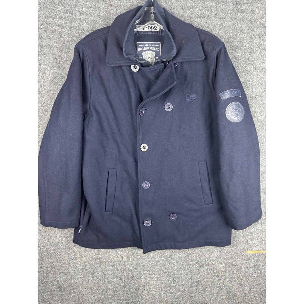 Vintage Phat Farm Double Breasted Pea Coat Wool Blend Full Zip Navy Y2K Vented